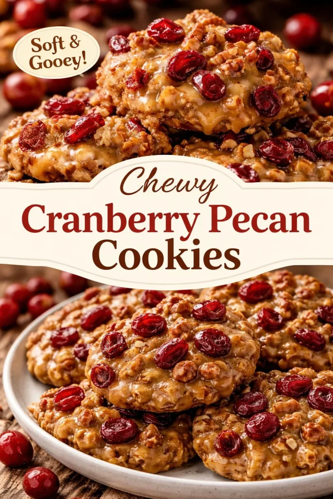 No-bake cranberry pecan praline cookies stacked on a plate