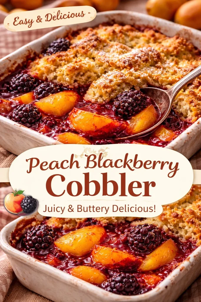 Delicious peach and berry cobbler topped with a golden crust and fresh fruit.