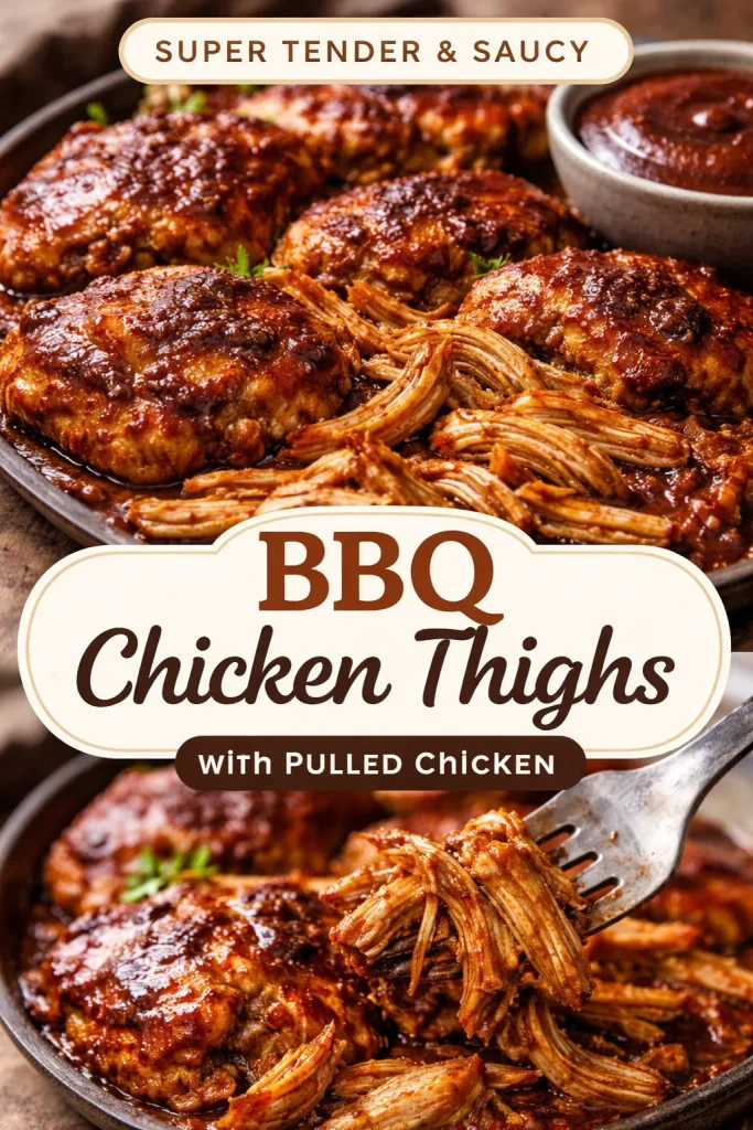 Slow cooker BBQ chicken thighs simmering in a smoky barbecue sauce