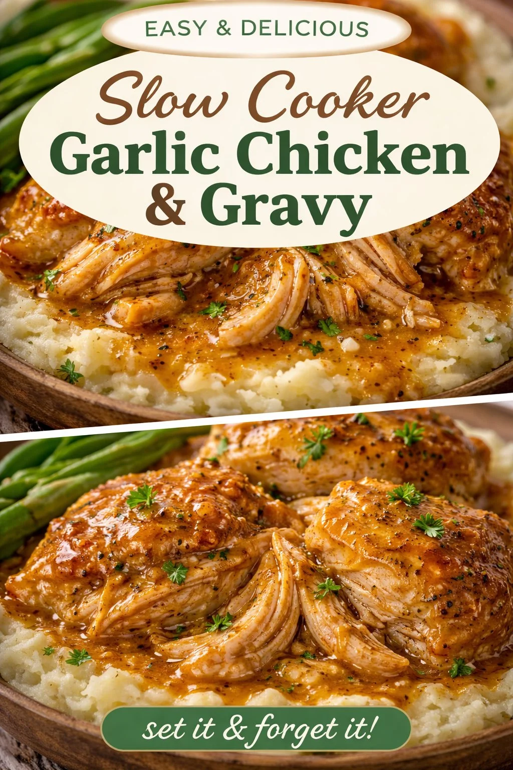 Slow cooker chicken and gravy served in a bowl with herbs and mashed potatoes
