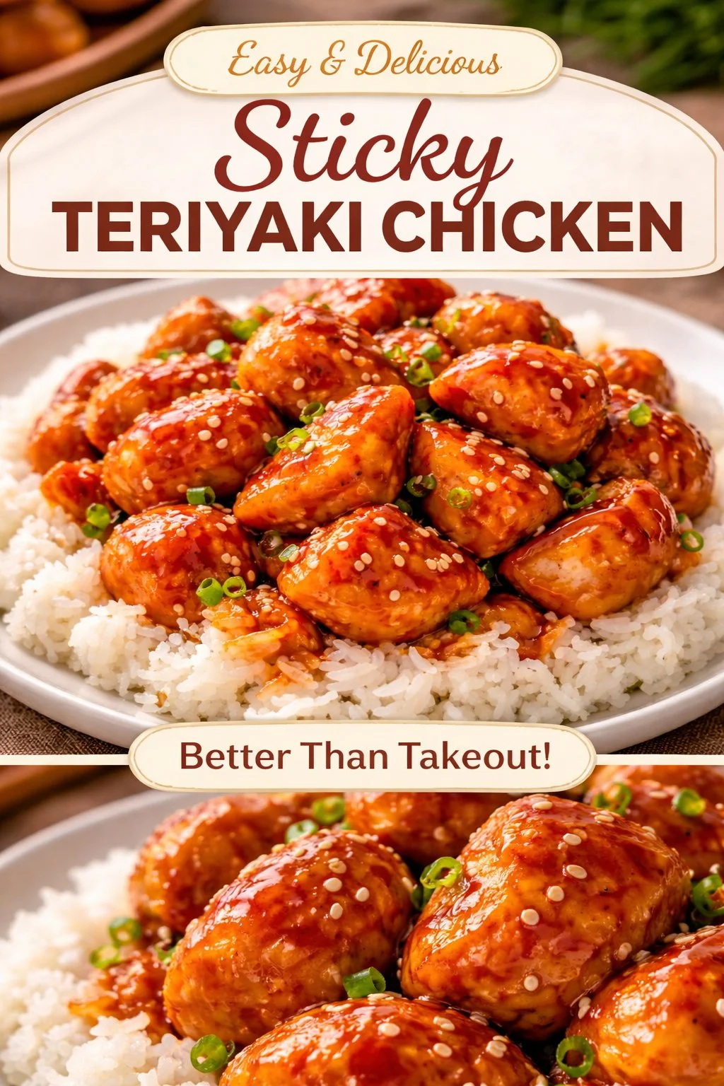 Delicious sticky honey chicken garnished with sesame seeds and scallions