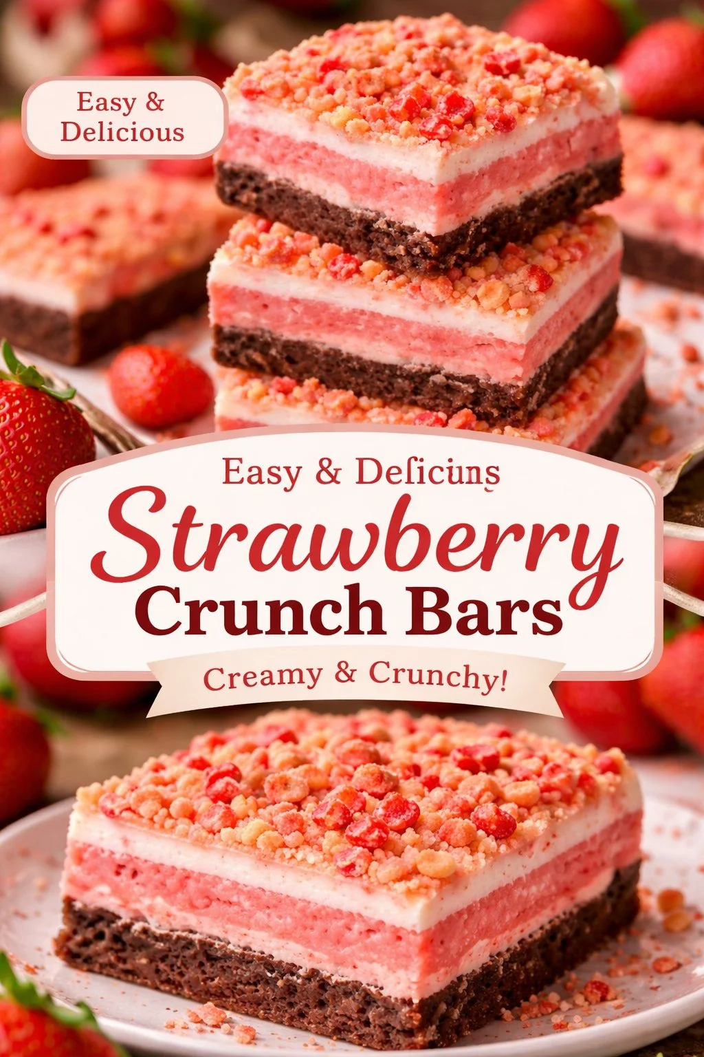 Delicious strawberry crunch brownies topped with strawberry and chocolate layers