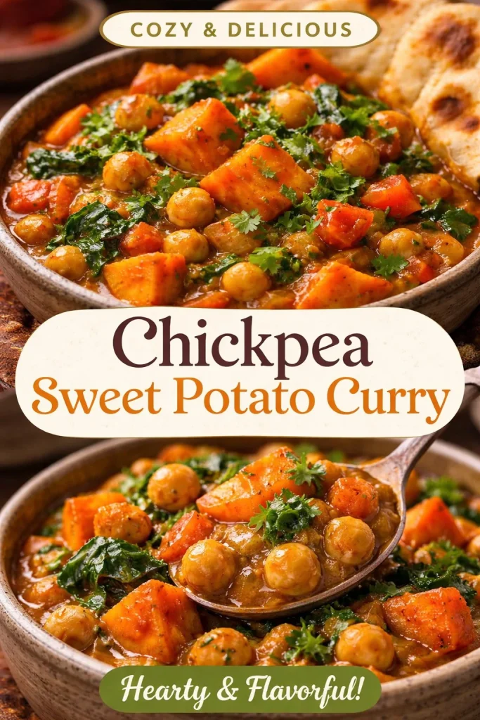 Bowl of Sweet Potato and Chickpea Curry with fresh herbs and spices