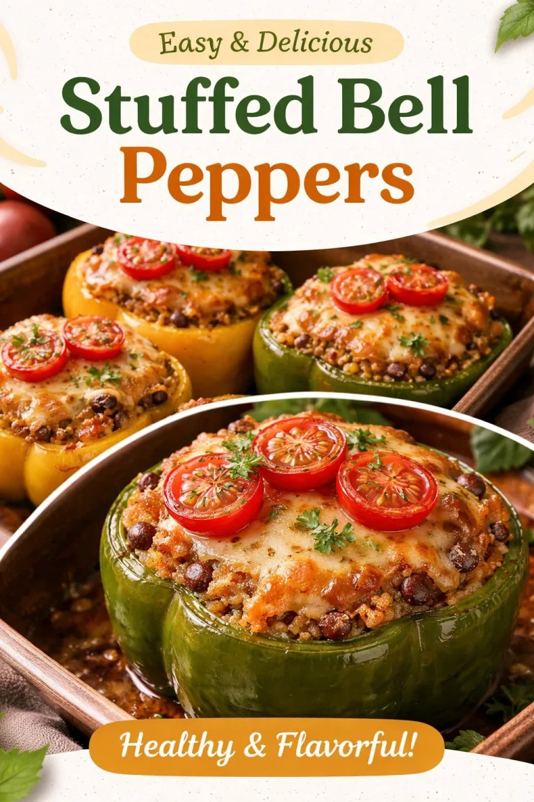 Vegetarian stuffed bell peppers filled with quinoa, black beans, and vegetables.