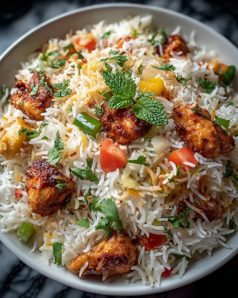 Delicious Chicken Biryani served with spices and garnished with herbs