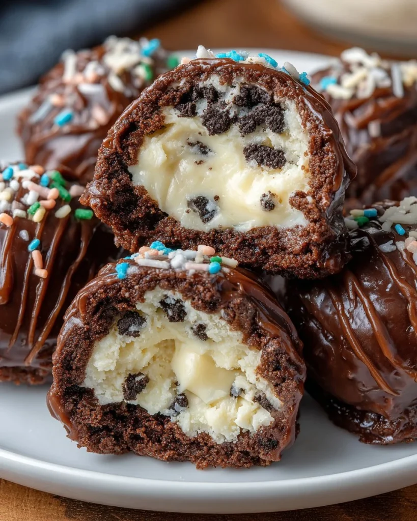 Delicious homemade Oreo balls ready to serve, coated in chocolate and sprinkles.