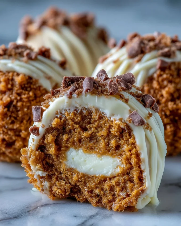 Delicious white chocolate pumpkin pie truffles drizzled with chocolate.