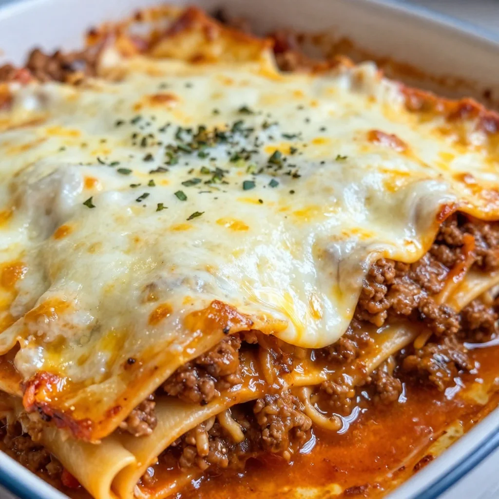 Easy lasagna with no boil noodles topped with cheese and herbs