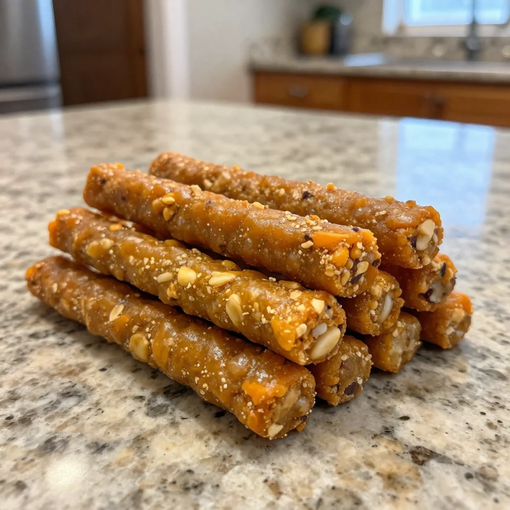 Homemade pumpkin and oatmeal dog snack sticks for healthy pet treats