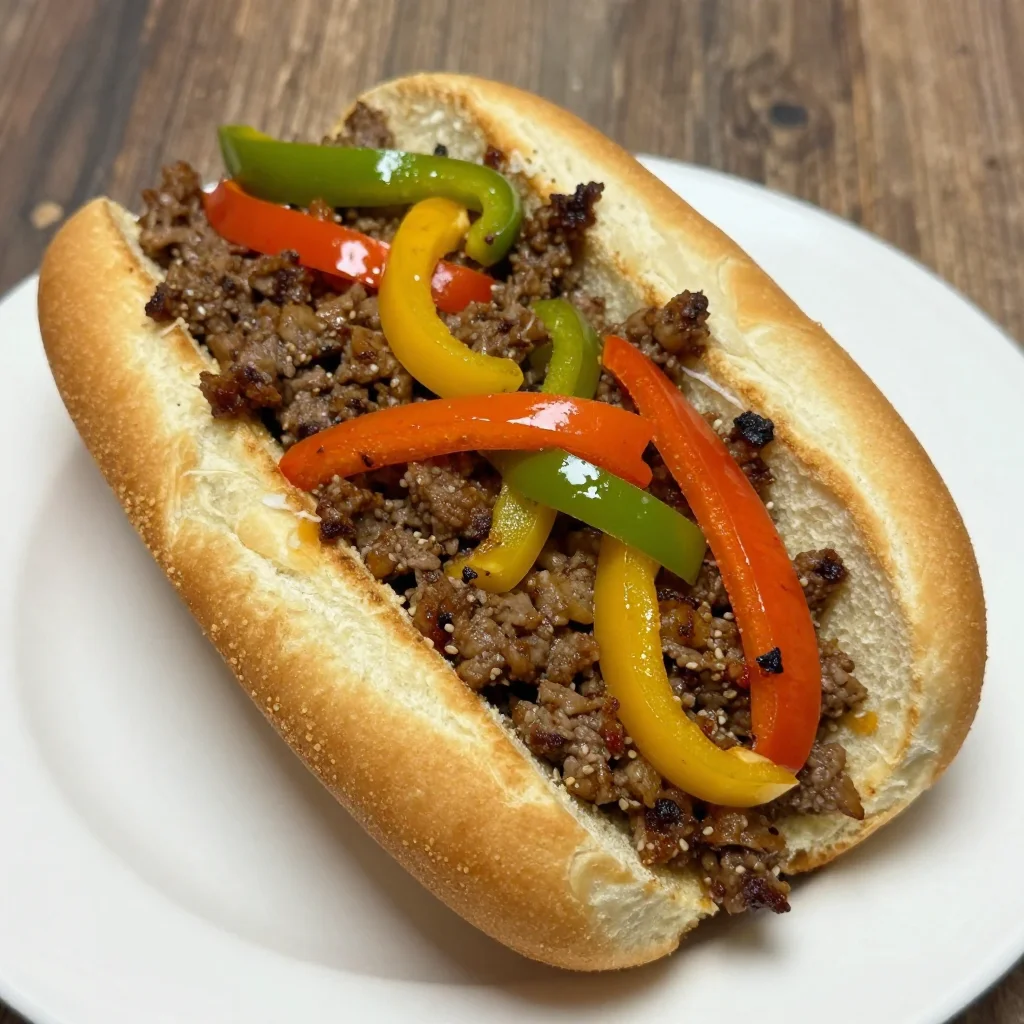 Delicious Philly Cheesesteak Sandwich with beef, cheese, and toppings.