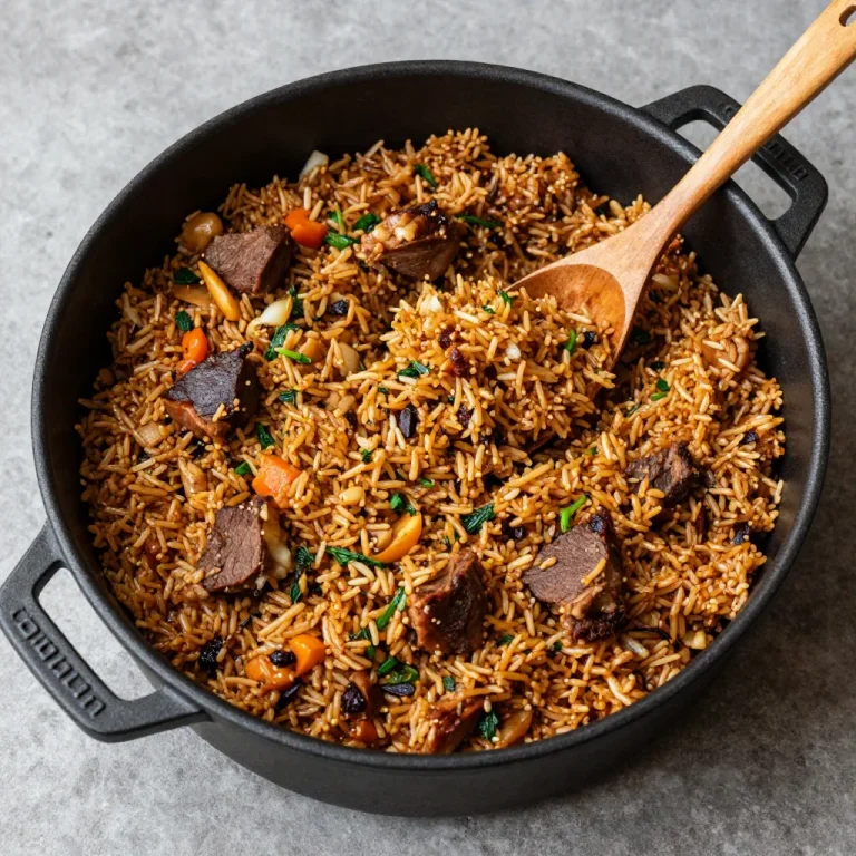 Delicious Uzbek Plov with rice, meat, and spices in a traditional serving bowl.