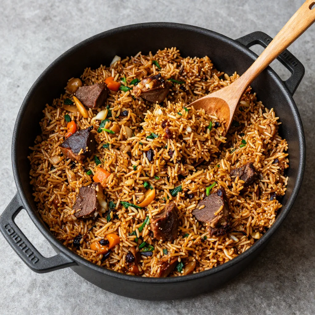 Delicious Uzbek Plov with rice, meat, and spices in a traditional serving bowl.