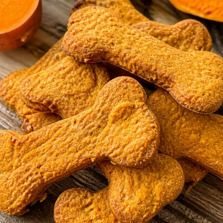 Homemade 3-Ingredient sweet potato dog cookies on a wooden surface.