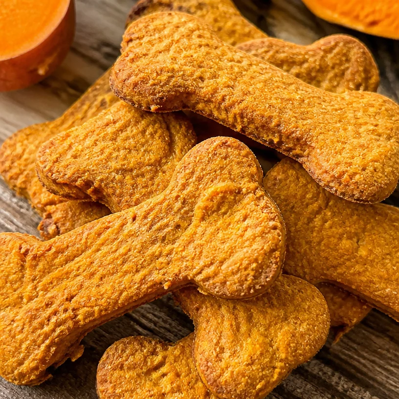 Homemade 3-Ingredient sweet potato dog cookies on a wooden surface.