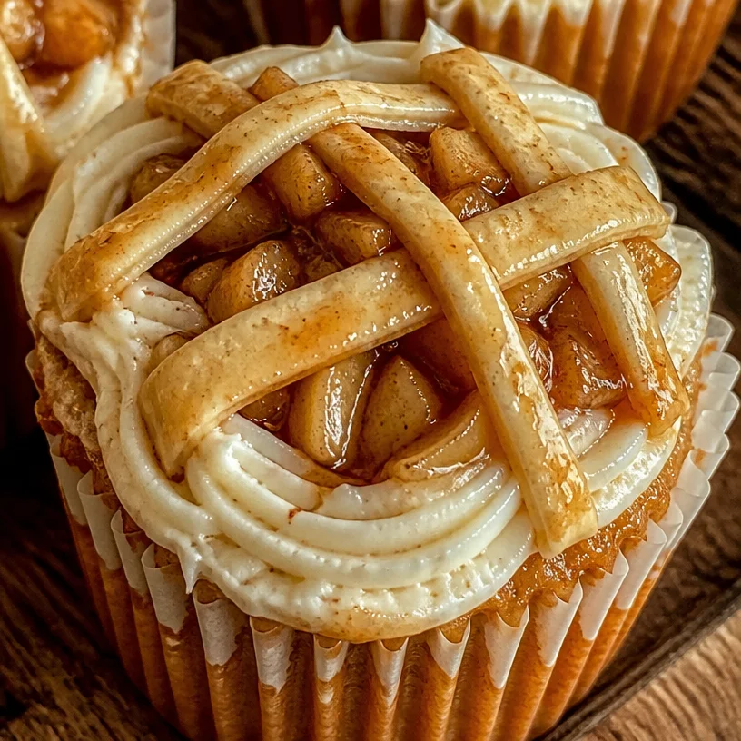 Apple pie cupcakes topped with creamy frosting and apple slices