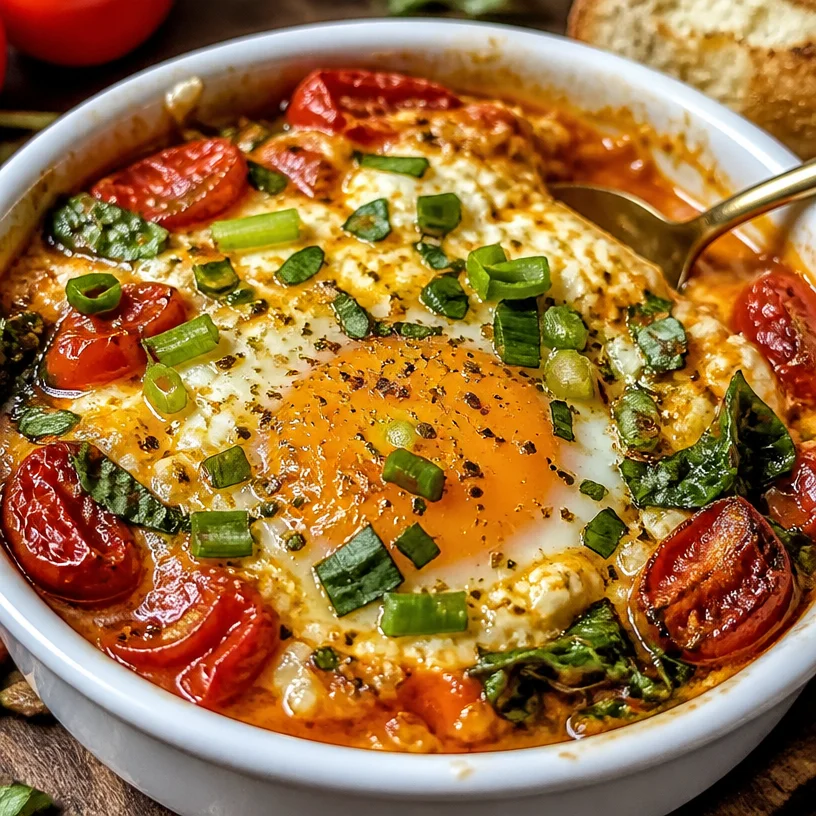 Baked Feta Eggs dish topped with herbs and served on a plate