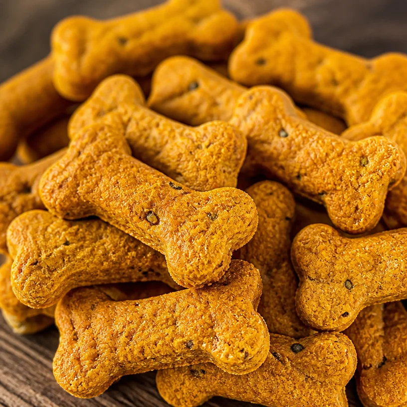Homemade baked pumpkin dog treats fresh out of the oven.