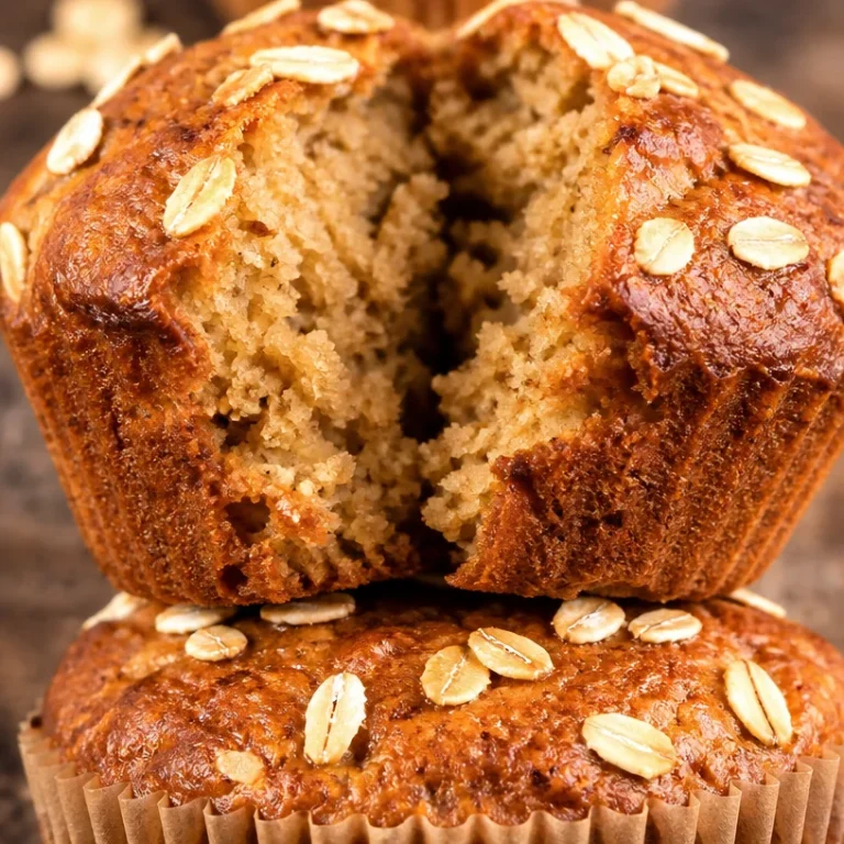 Freshly baked banana oatmeal muffins on a wooden table