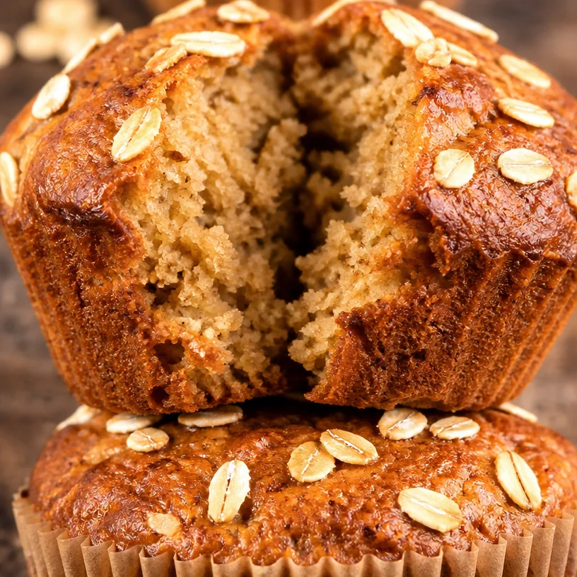 Freshly baked banana oatmeal muffins on a wooden table