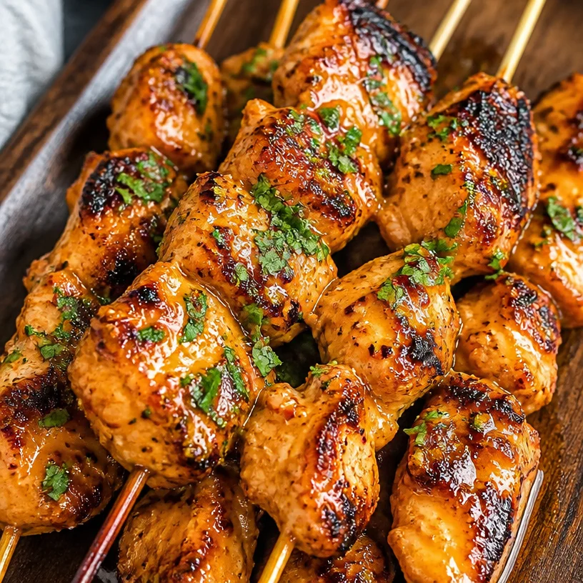 Delicious Bang Bang Chicken Skewers served with sauce