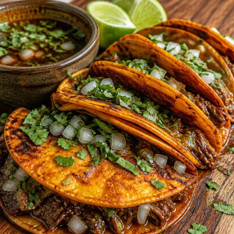 Delicious birria tacos served with rich broth and garnished with fresh herbs.