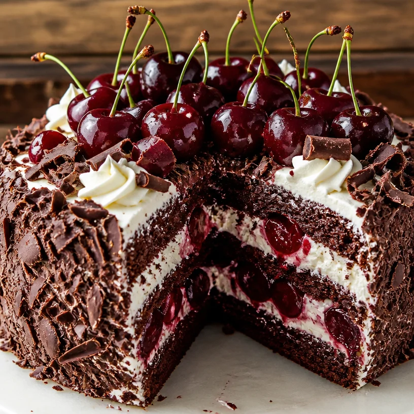 Decadent slice of Black Forest Cake with chocolate, cherries, and cream
