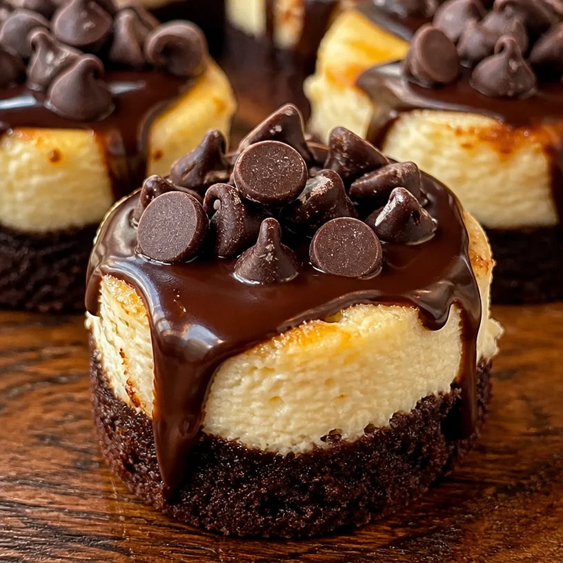 Brownie bottom mini cheesecakes topped with chocolate drizzles and berries.