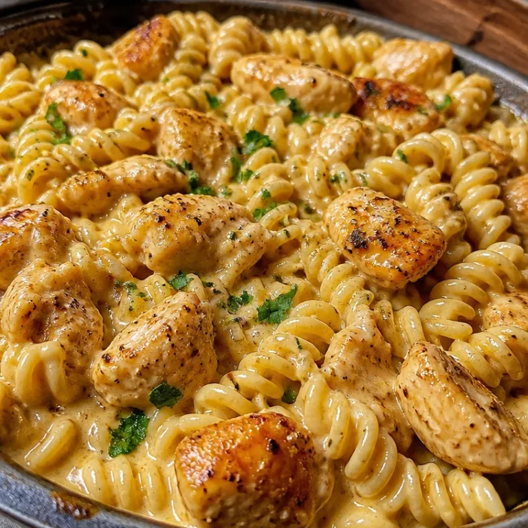 Delicious cheesy chicken pasta skillet with creamy sauce and fresh ingredients