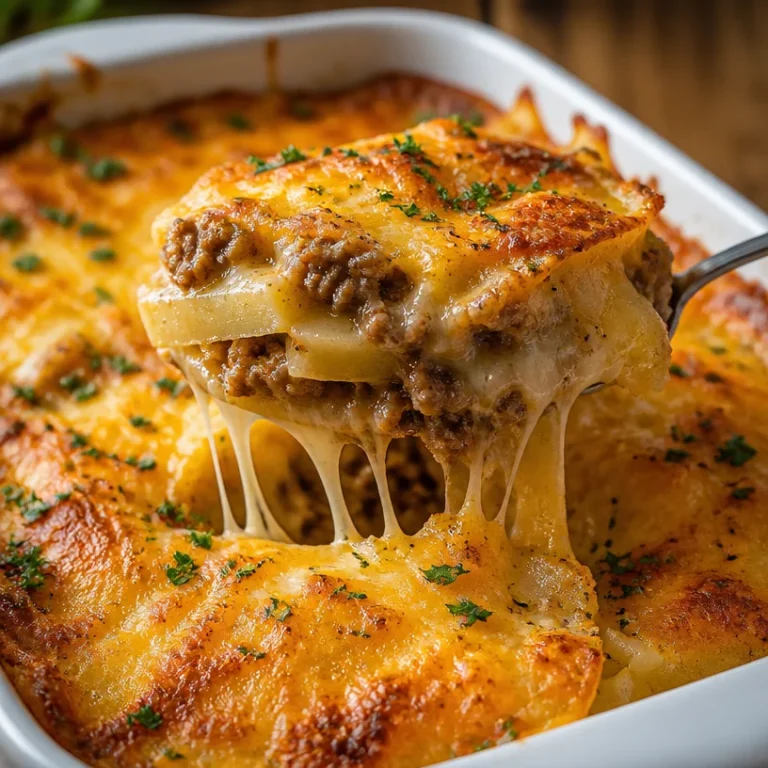 Cheesy Hamburger Potato Casserole topped with melted cheese and herbs