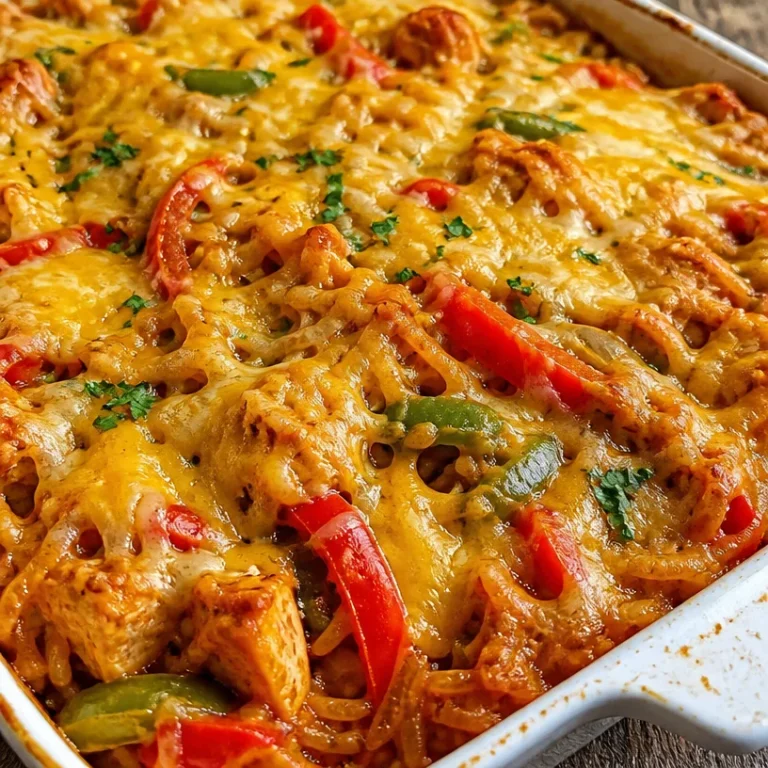 Delicious Chicken Fajita Casserole with chicken, peppers, and cheese