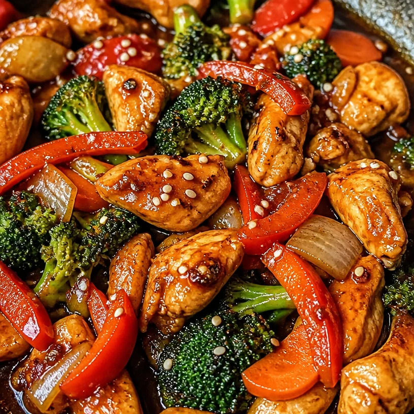 Delicious chicken stir-fry with colorful vegetables in a hot skillet