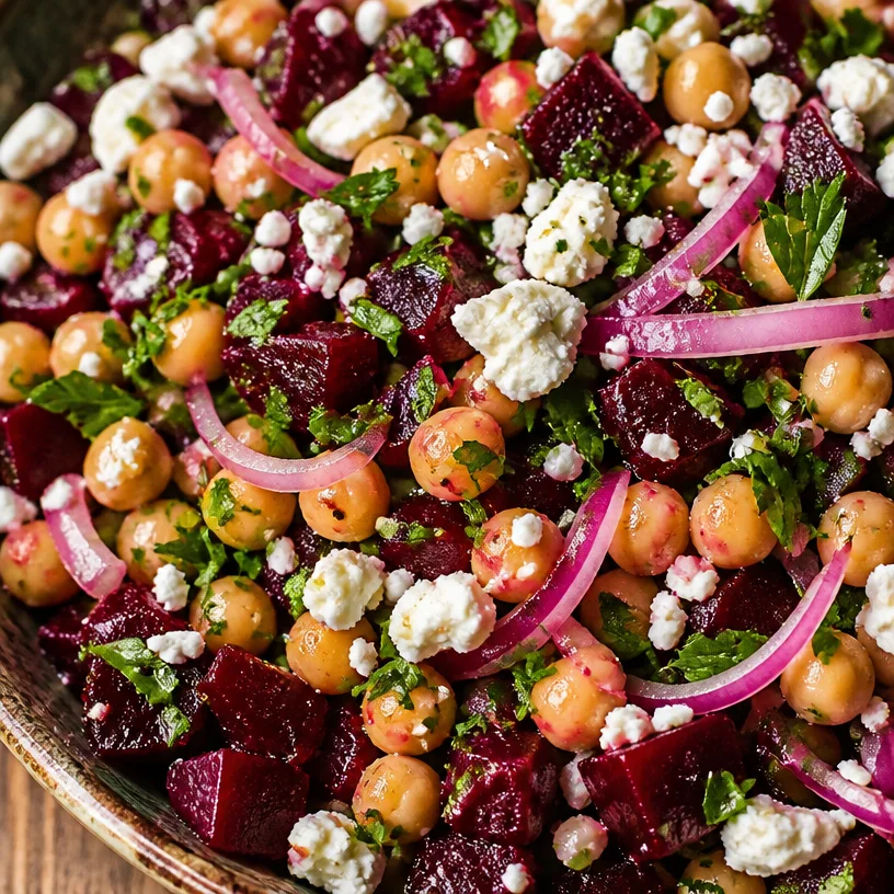 Chickpea Beet and Feta Salad with fresh ingredients and vibrant colors