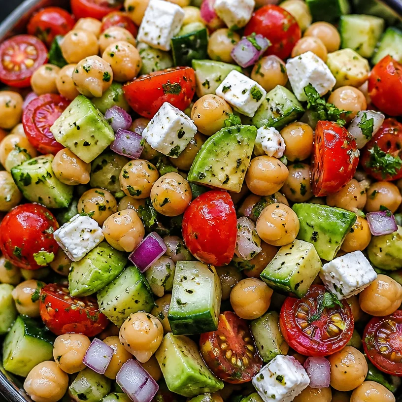 Delicious chickpea salad with fresh vegetables and herbs