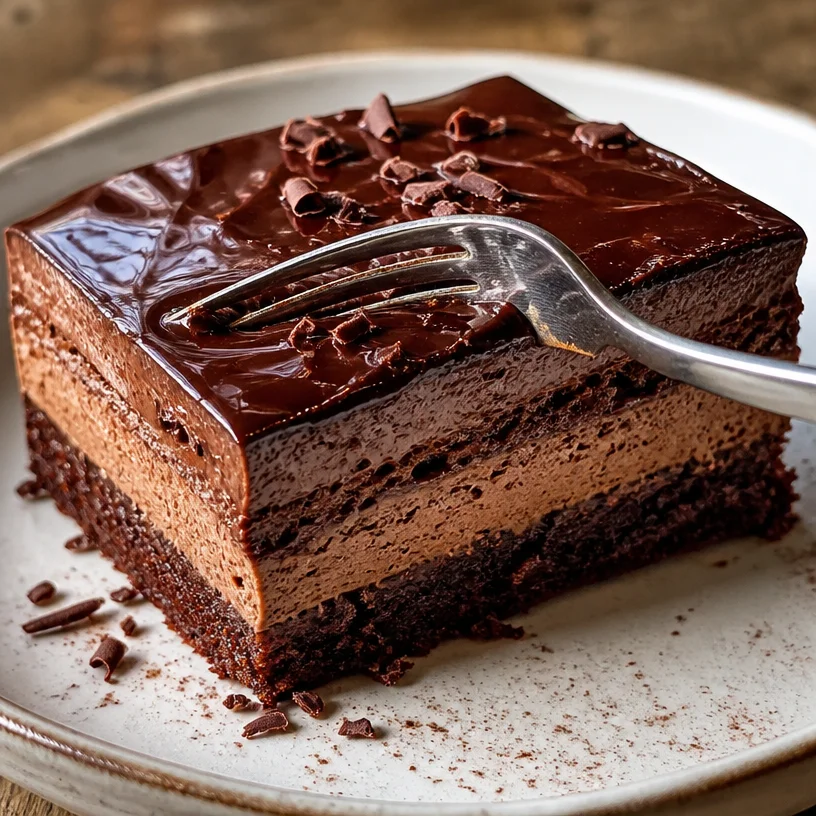 Deliciously rich Chocolate Mousse Cake topped with chocolate shavings.