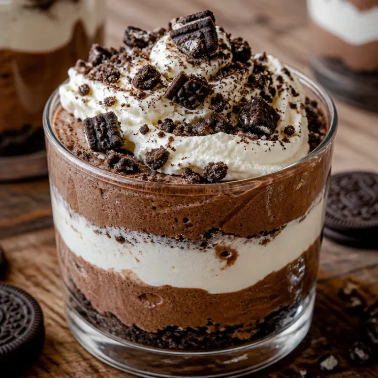 Delicious homemade Chocolate Parfait served in a glass with layers of chocolate cream.