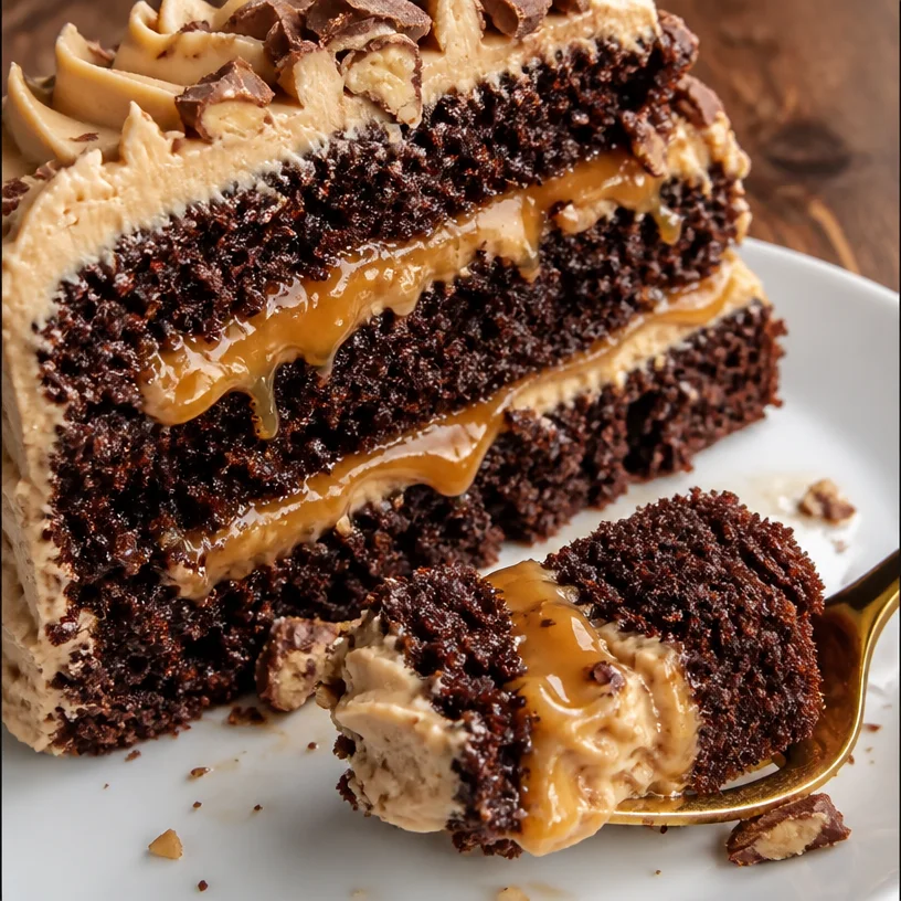Delicious Chocolate Snickers Cake topped with chocolate and caramel