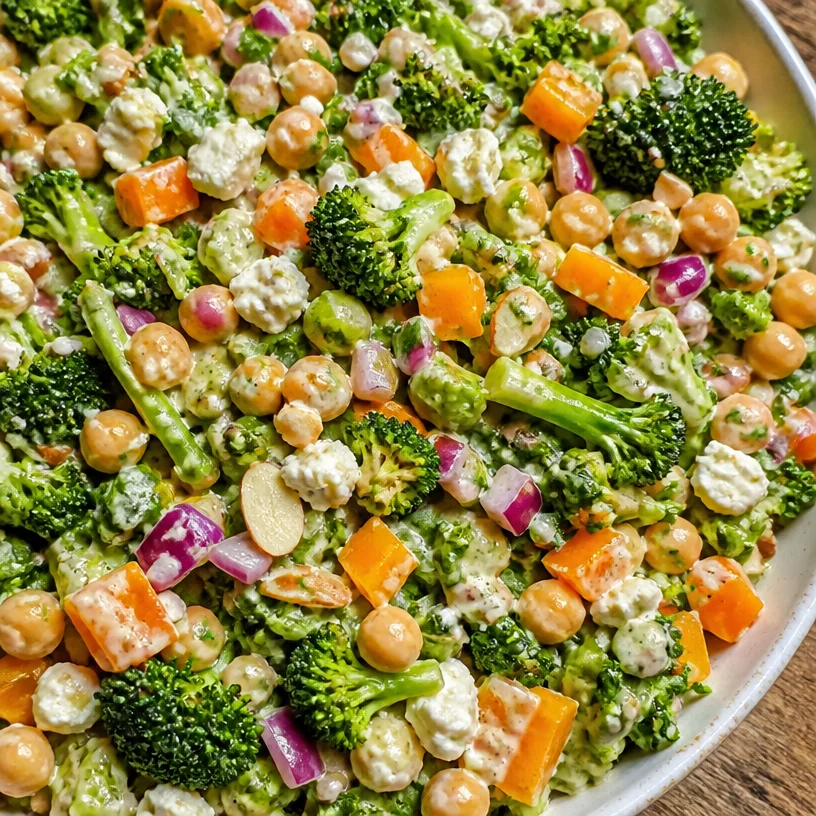 Chopped broccoli and chickpea salad with fresh vegetables in a bowl