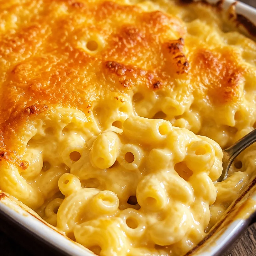 Creamy baked macaroni and cheese in a casserole dish