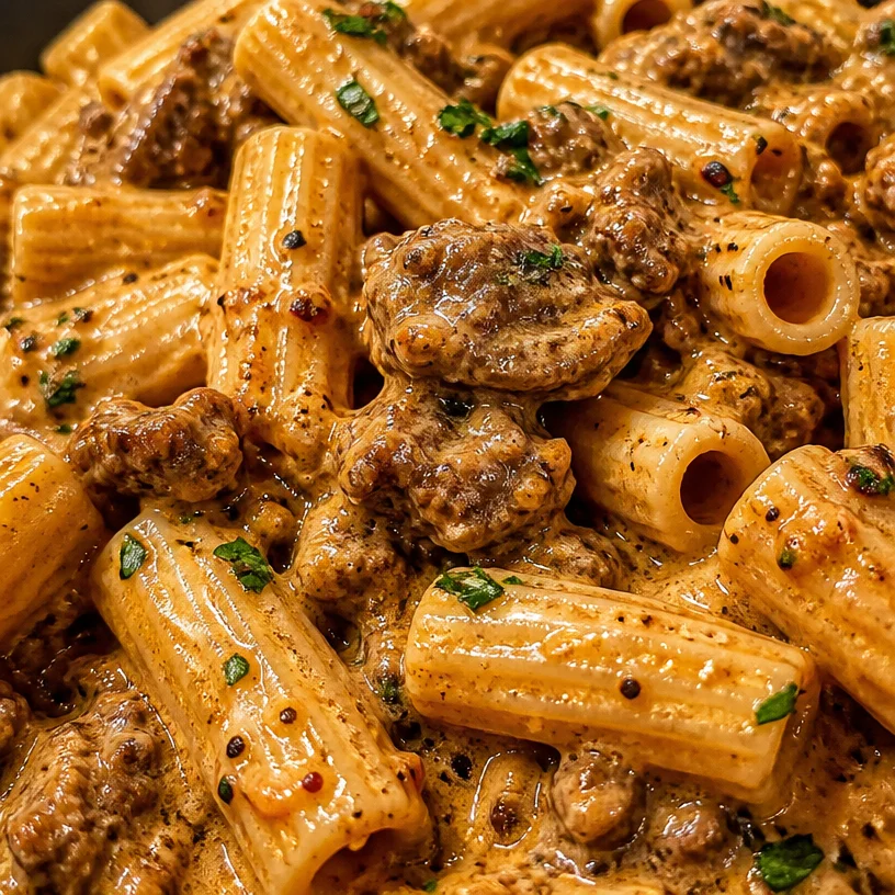 Creamy Italian Sausage Rigatoni dish topped with herbs and cheese