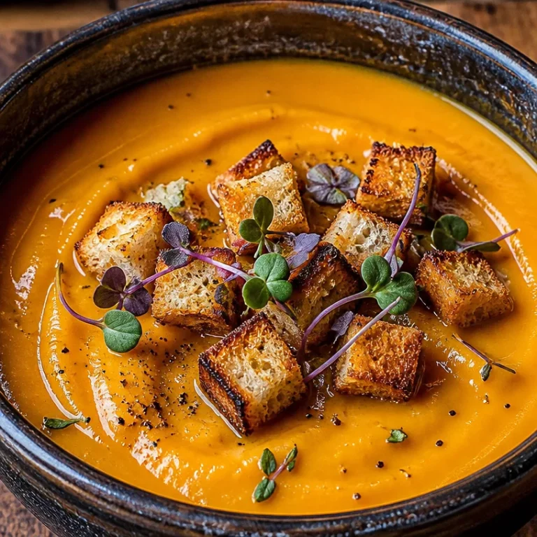 Creamy roasted apple pumpkin soup served in a bowl with herbs garnish