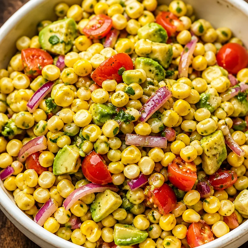 Colorful fresh corn salad with vegetables in a bowl