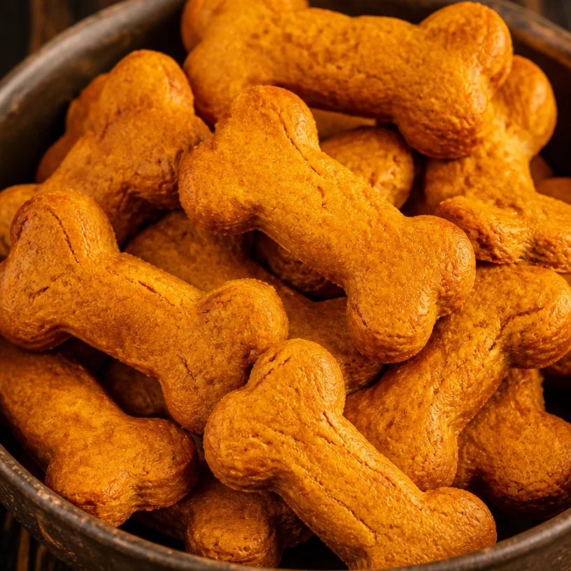 Grain-free peanut butter pumpkin dog treats on a wooden table
