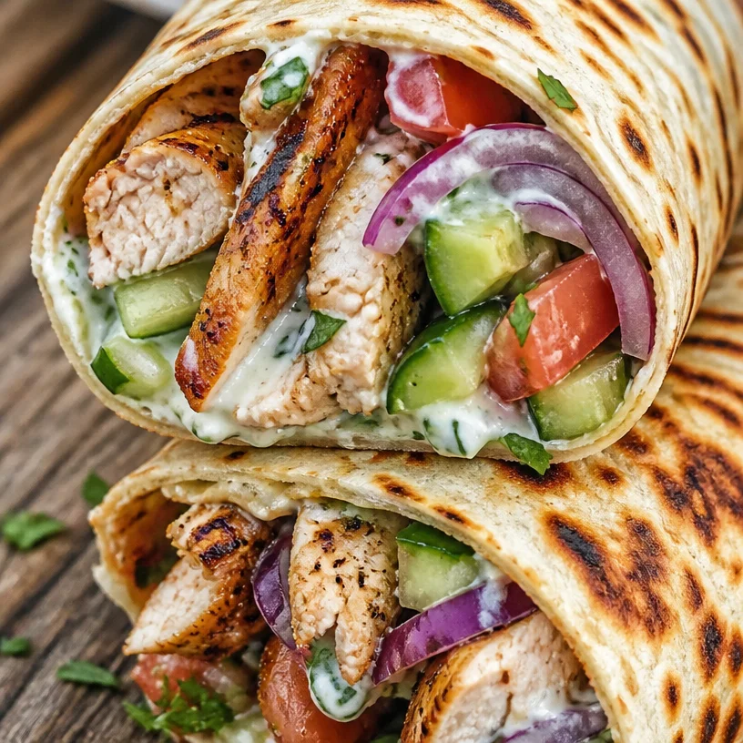 Greek Chicken Wrap with fresh vegetables and seasoning in a warm tortilla