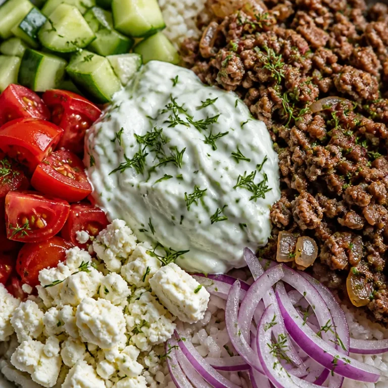Delicious Greek Ground Beef Bowl topped with creamy Tzatziki sauce