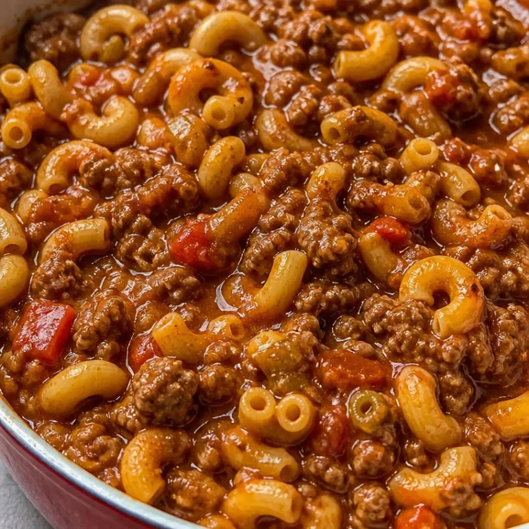 Delicious ground beef goulash in a bowl, garnished with herbs