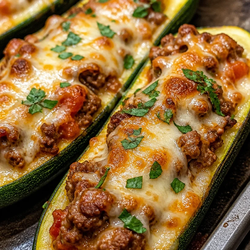 Ground beef stuffed zucchini boats fresh out of the oven
