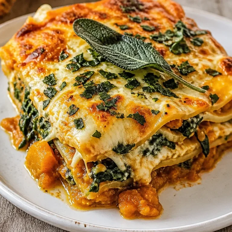 Healthy pumpkin spinach lasagna with layers of cheese and vegetables