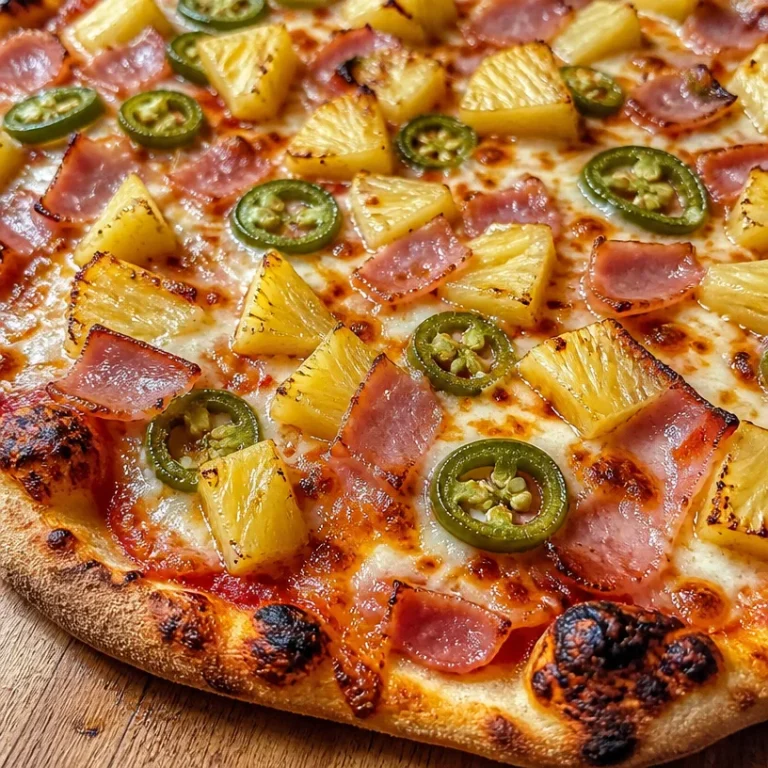 Freshly made homemade Hawaiian pizza topped with pineapple and ham