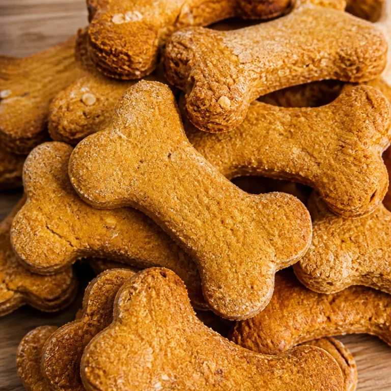 Homemade pumpkin peanut butter dog treats on a baking tray
