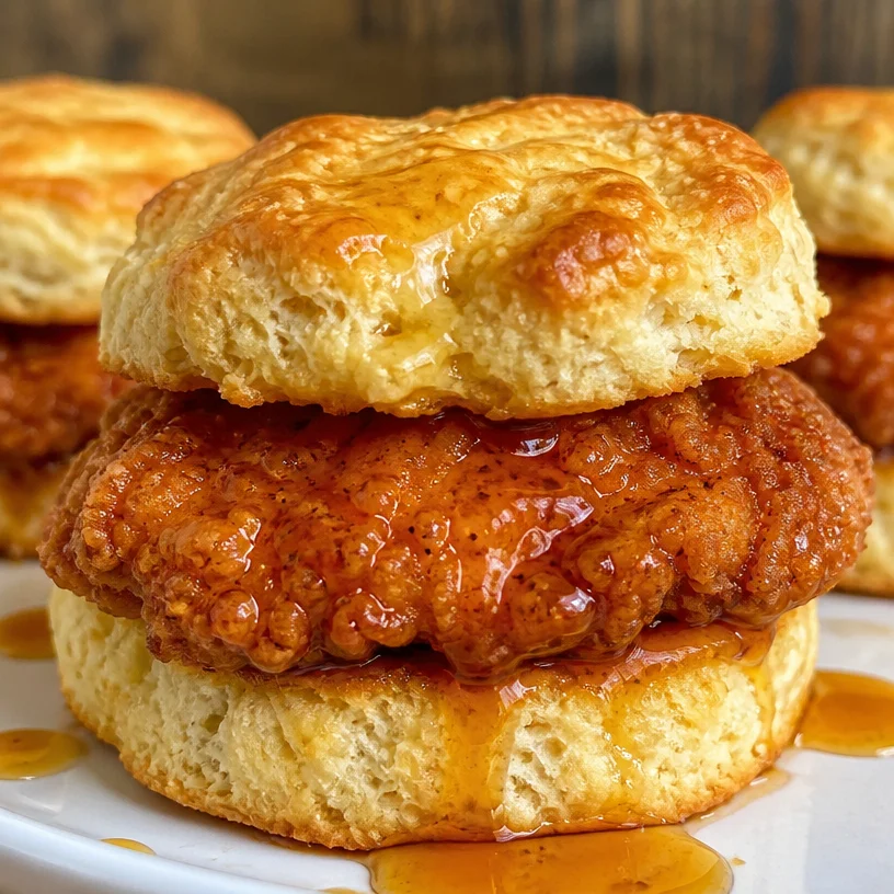Hot honey chicken biscuits served on a plate, garnished with herbs.